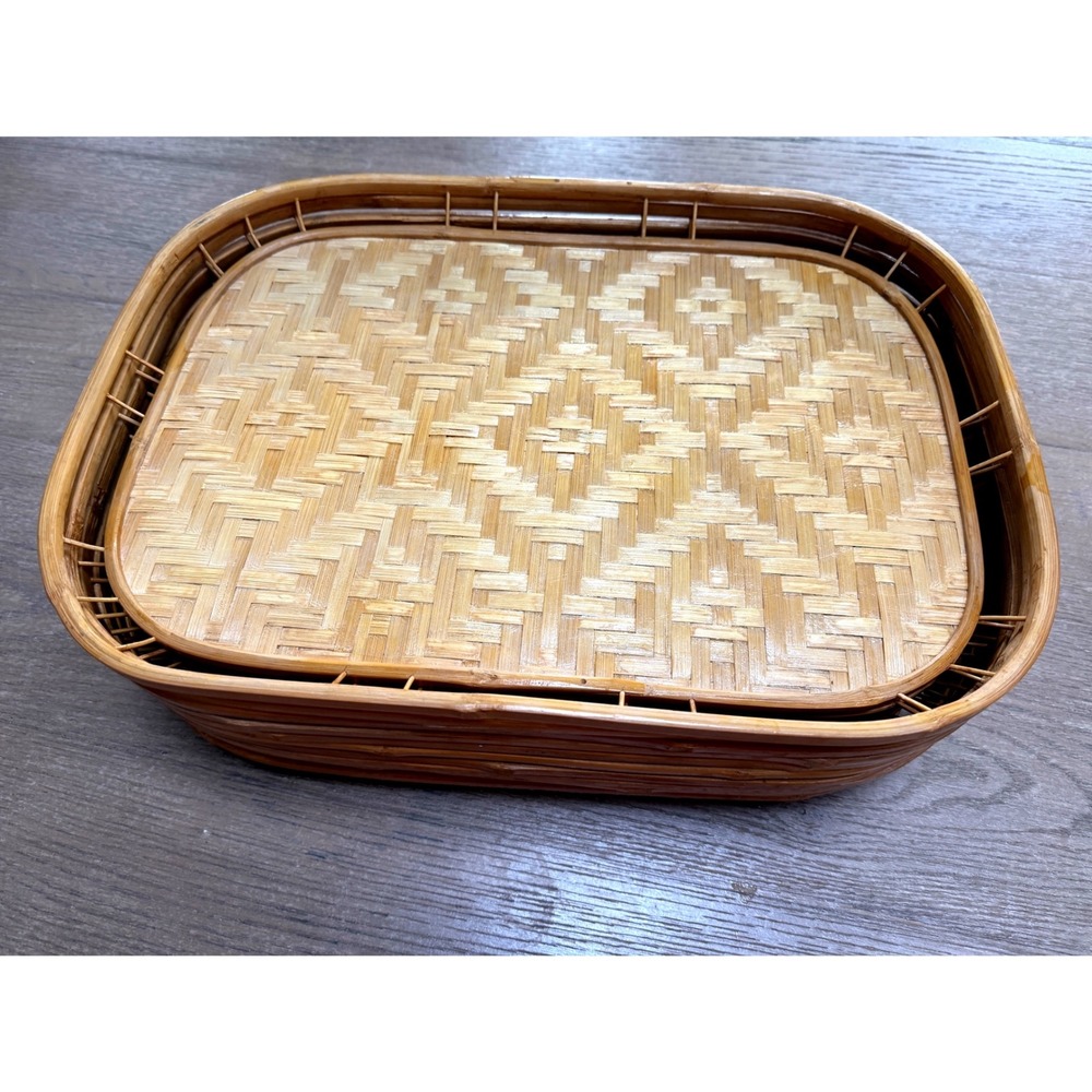 Set 10 Woven Bamboo Trays Natural Geometric Diamond Pattern Boho Serving Decor - Picture 7 of 10